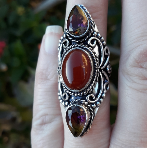 New Amazing Carnelian & Bi-Color Tourmaline 925 Silver Statement Ring. - Picture 6 of 8